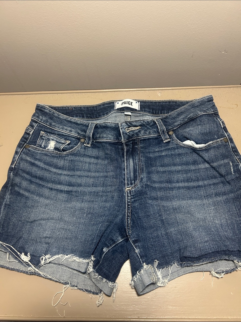 PAIGE Women's Frayed Hem Denim Shorts in Blue Wash